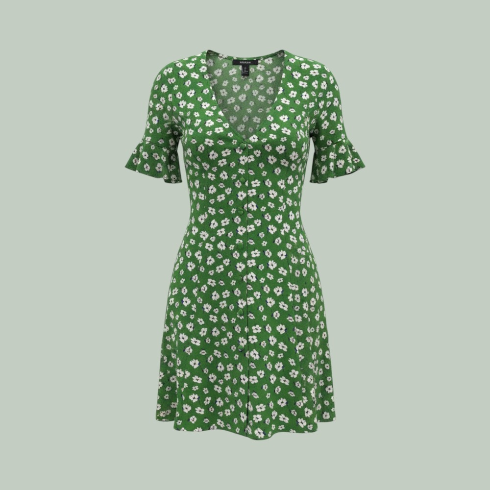 Cottagecore Ditsy Floral Button Front Mini Dress Womens Small Green Forever 21